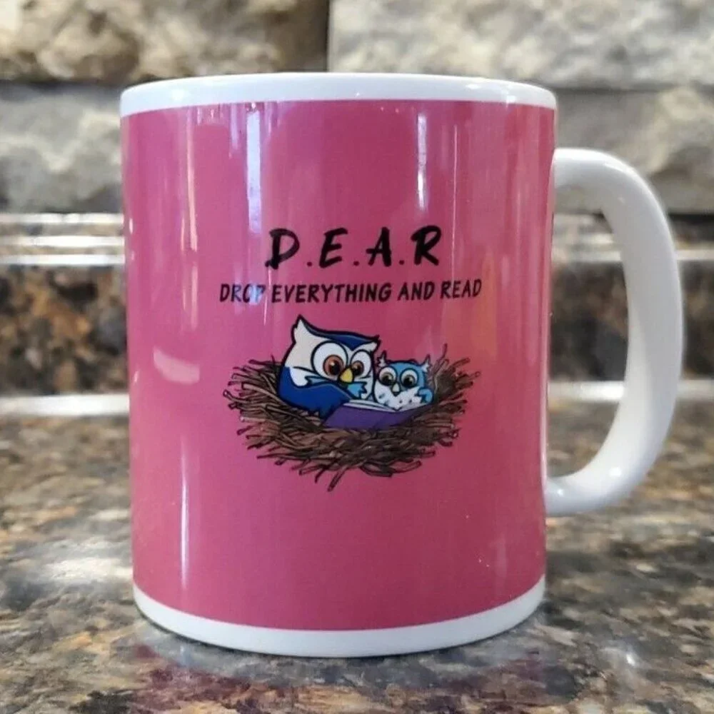 D.E.A.R Drop Everything And Read Owl Orca Coatings Pink Mug Coffee ,Tea,Hot Ccco